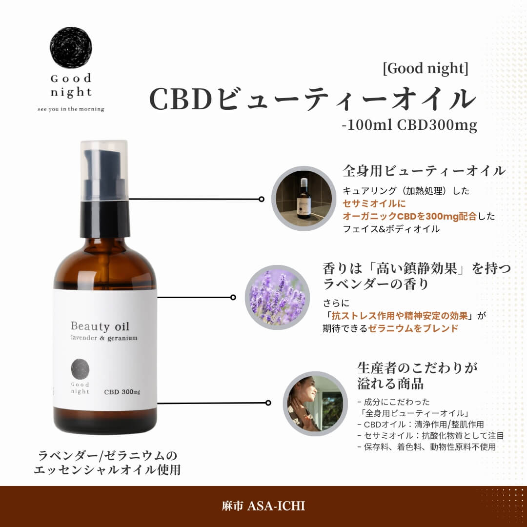 Goodnight]CBDビューティーオイル（100ml CBD300mg） – 麻市 ASA-ICHI